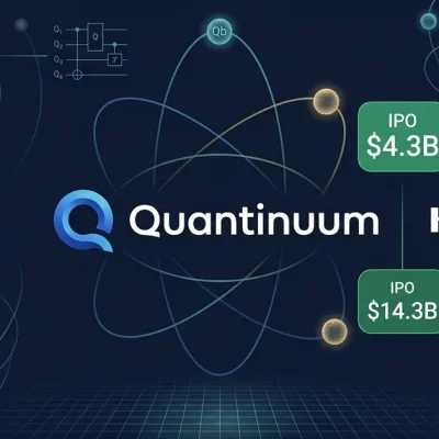Quantinuum and Honeywell logos with quantum computing qubits, IPO 14.3 billion dollar valuation badge, and QNT ticker on dark blue dashboard