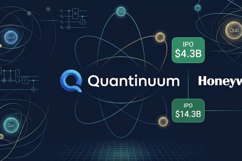 Quantinuum and Honeywell logos with quantum computing qubits, IPO 14.3 billion dollar valuation badge, and QNT ticker on dark blue dashboard