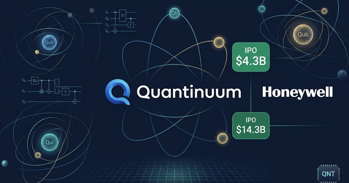 Quantinuum and Honeywell logos with quantum computing qubits, IPO 14.3 billion dollar valuation badge, and QNT ticker on dark blue dashboard