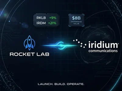 Rocket Lab and Iridium Communications logos with RKLB and IRDM stock ticker chips and B enterprise value panel on dark navy space-themed dashboard background