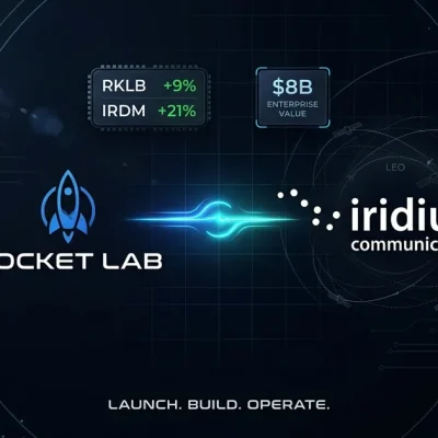 Rocket Lab and Iridium Communications logos with RKLB and IRDM stock ticker chips and B enterprise value panel on dark navy space-themed dashboard background