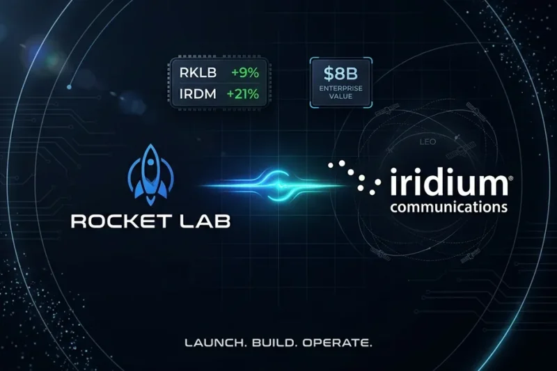 Rocket Lab and Iridium Communications logos with RKLB and IRDM stock ticker chips and B enterprise value panel on dark navy space-themed dashboard background