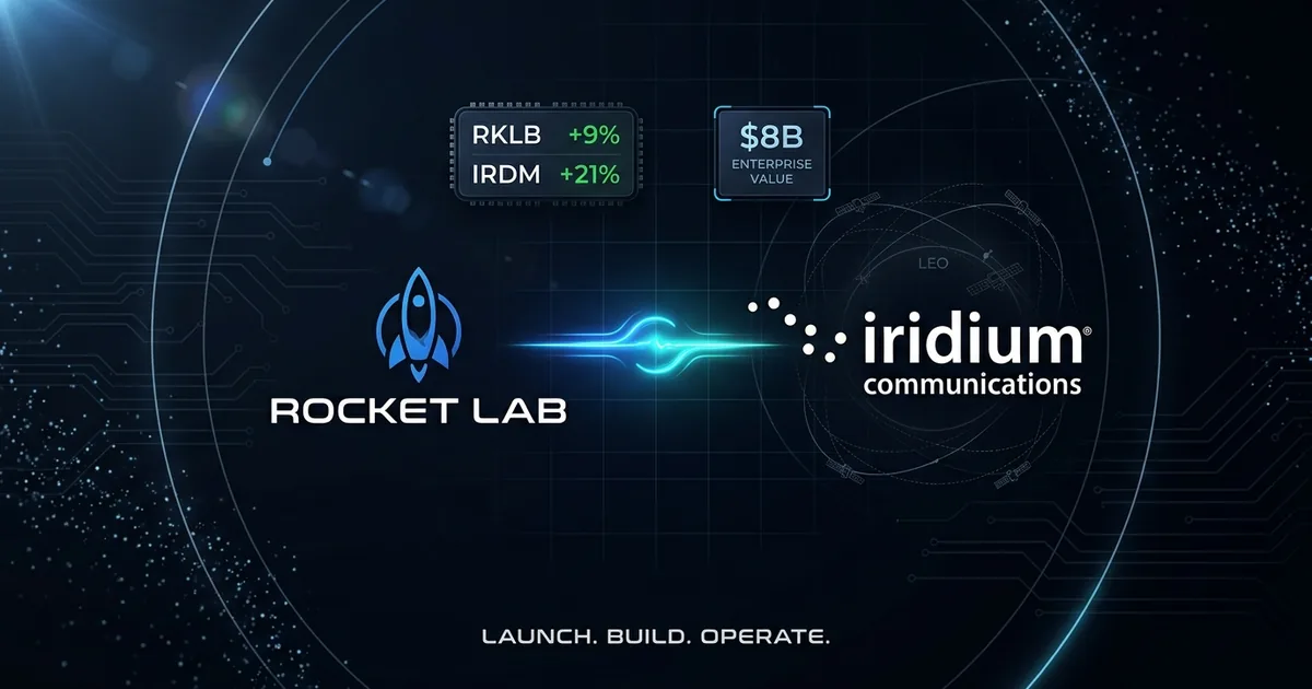 Rocket Lab and Iridium Communications logos with RKLB and IRDM stock ticker chips and B enterprise value panel on dark navy space-themed dashboard background