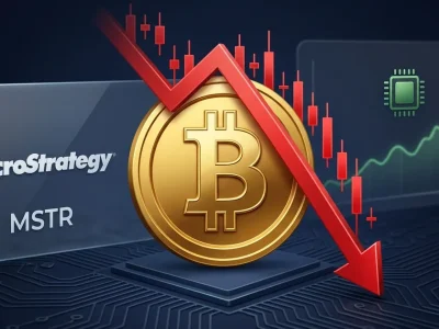A gold Bitcoin coin with a red downward arrow and falling candlestick chart beside the MicroStrategy MSTR logo, with a green AI chip uptrend in the background
