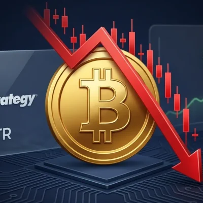 A gold Bitcoin coin with a red downward arrow and falling candlestick chart beside the MicroStrategy MSTR logo, with a green AI chip uptrend in the background