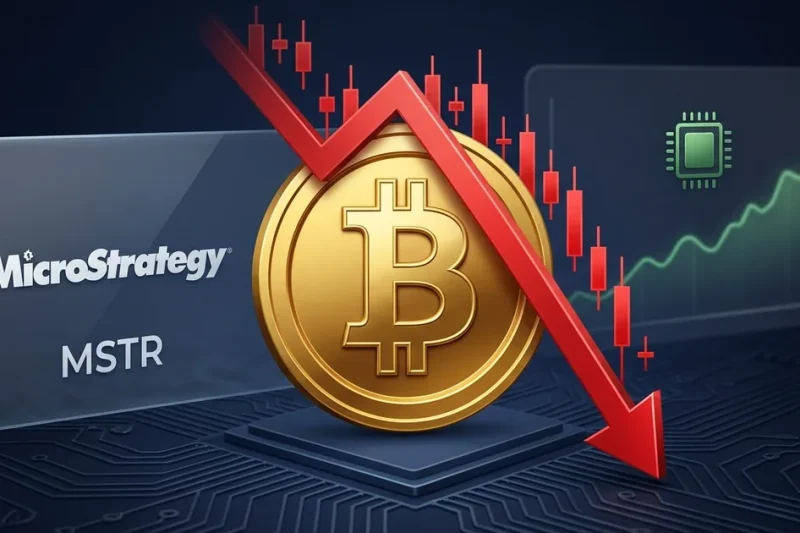 A gold Bitcoin coin with a red downward arrow and falling candlestick chart beside the MicroStrategy MSTR logo, with a green AI chip uptrend in the background