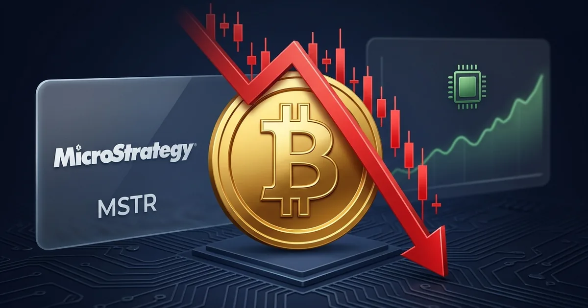 A gold Bitcoin coin with a red downward arrow and falling candlestick chart beside the MicroStrategy MSTR logo, with a green AI chip uptrend in the background