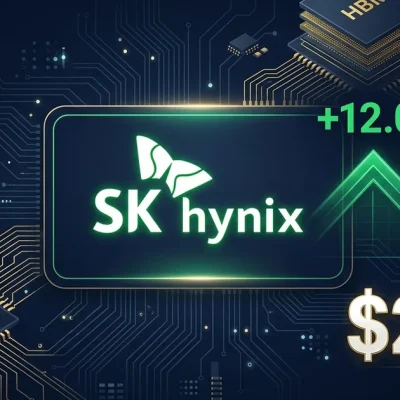 SK Hynix logo with green upward stock arrow showing plus 12 percent and 29 billion dollar figure on dark circuit board background with Nasdaq logo and HBM chips