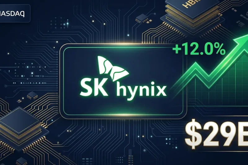 SK Hynix logo with green upward stock arrow showing plus 12 percent and 29 billion dollar figure on dark circuit board background with Nasdaq logo and HBM chips