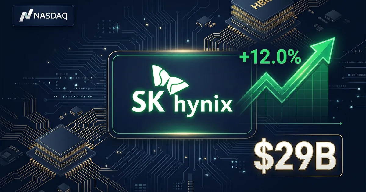 SK Hynix logo with green upward stock arrow showing plus 12 percent and 29 billion dollar figure on dark circuit board background with Nasdaq logo and HBM chips