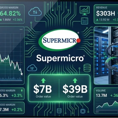 Financial dashboard showing Supermicro logo with 7 billion and 39 billion order value data panels and AI server rack