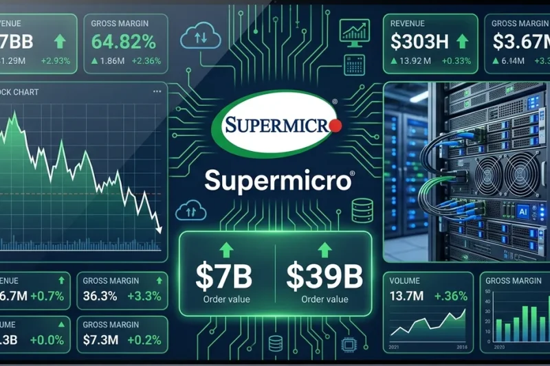 Financial dashboard showing Supermicro logo with 7 billion and 39 billion order value data panels and AI server rack