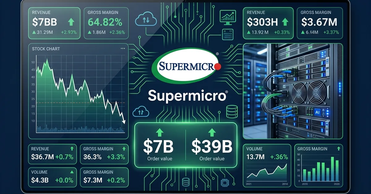 Financial dashboard showing Supermicro logo with 7 billion and 39 billion order value data panels and AI server rack