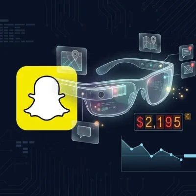 Snapchat ghost logo next to holographic AR smart glasses with 2195 dollar price tag and declining stock chart