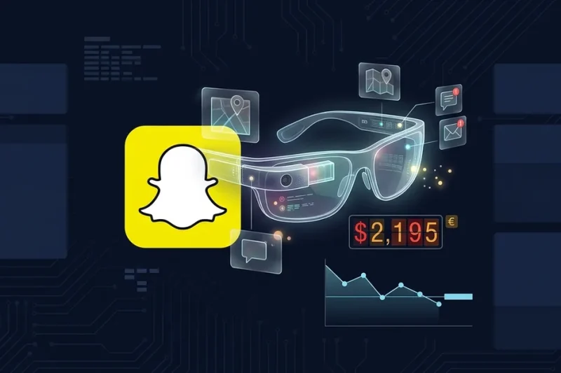 Snapchat ghost logo next to holographic AR smart glasses with 2195 dollar price tag and declining stock chart