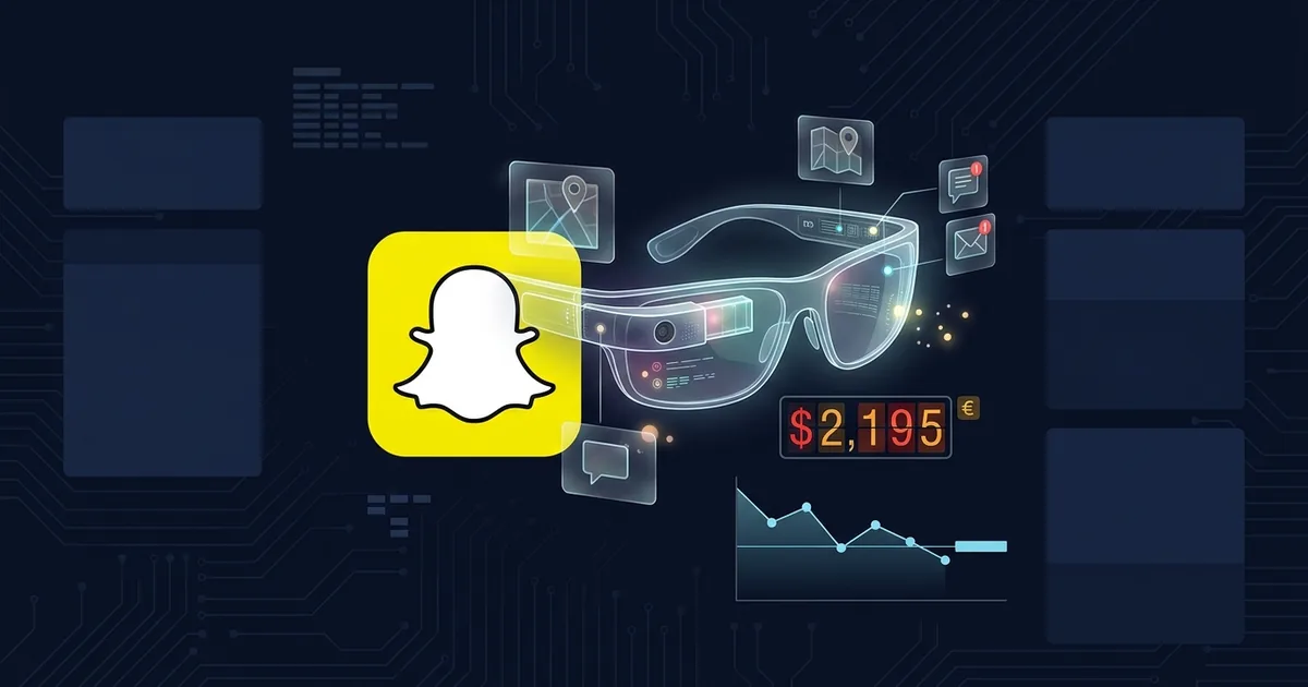 Snapchat ghost logo next to holographic AR smart glasses with 2195 dollar price tag and declining stock chart