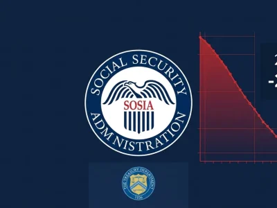 Social Security Administration seal with red chart showing trust fund depletion to 2032 and 24 percent cut indicator on dark navy background