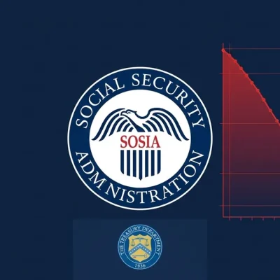 Social Security Administration seal with red chart showing trust fund depletion to 2032 and 24 percent cut indicator on dark navy background
