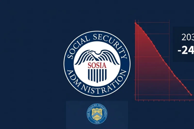 Social Security Administration seal with red chart showing trust fund depletion to 2032 and 24 percent cut indicator on dark navy background