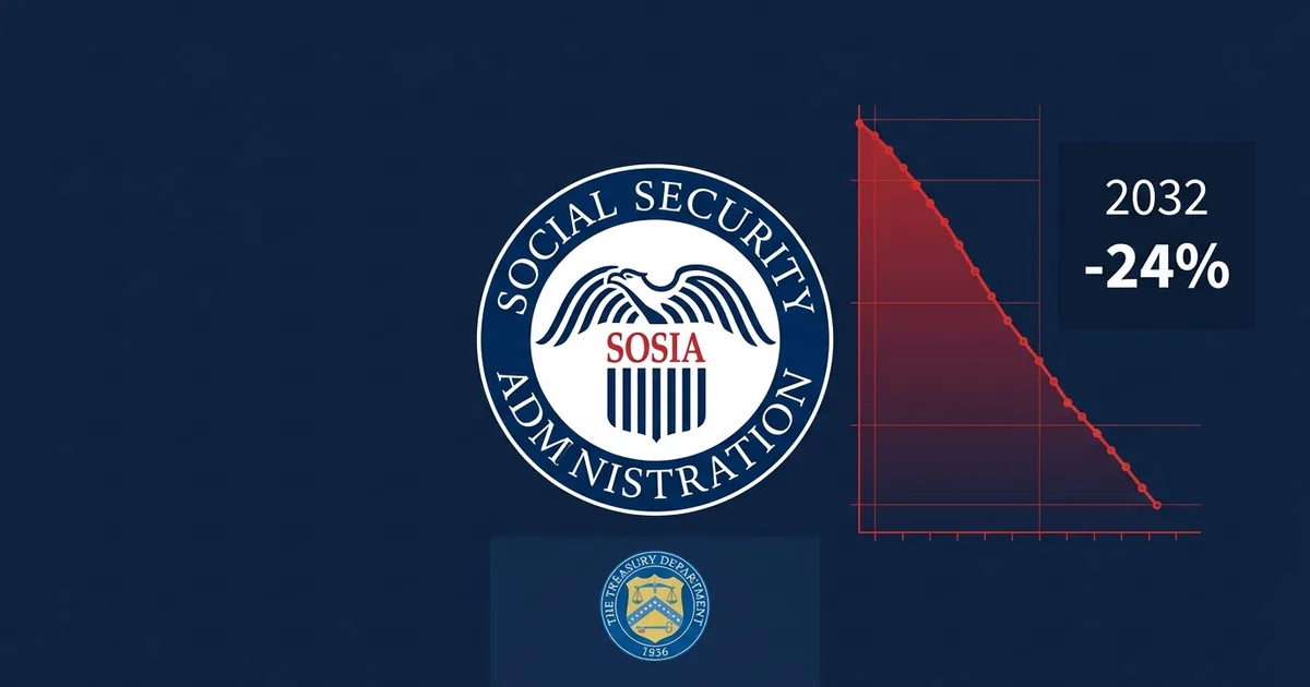 Social Security Administration seal with red chart showing trust fund depletion to 2032 and 24 percent cut indicator on dark navy background