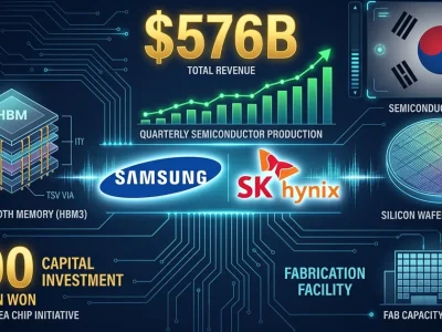 Samsung and SK Hynix logos on financial dashboard showing 576 billion dollar semiconductor investment with HBM chip and South Korean flag