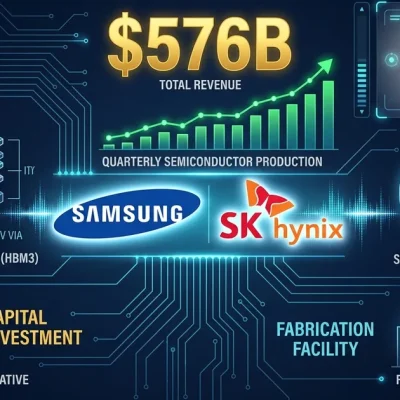 Samsung and SK Hynix logos on financial dashboard showing 576 billion dollar semiconductor investment with HBM chip and South Korean flag