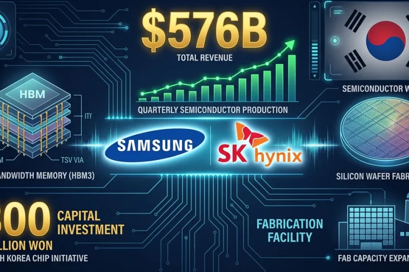 Samsung and SK Hynix logos on financial dashboard showing 576 billion dollar semiconductor investment with HBM chip and South Korean flag