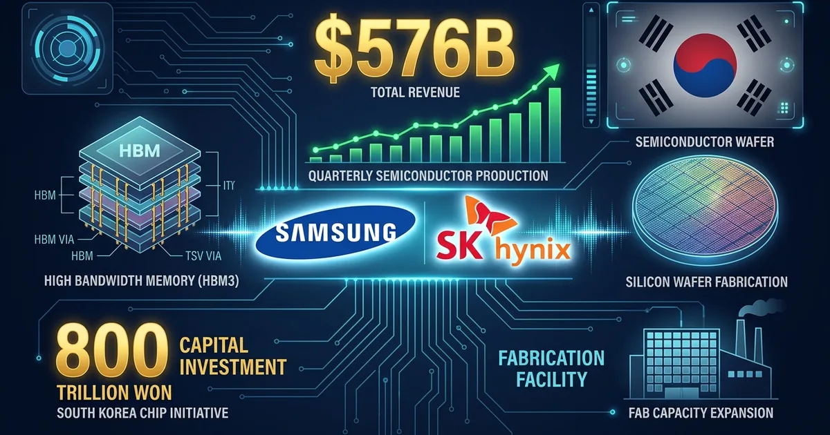 Samsung and SK Hynix logos on financial dashboard showing 576 billion dollar semiconductor investment with HBM chip and South Korean flag