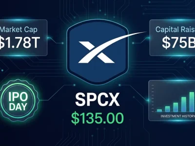 SpaceX logo with SPCX ticker at 35, .78 trillion market cap, and 5 billion capital raised data panels on dark navy dashboard