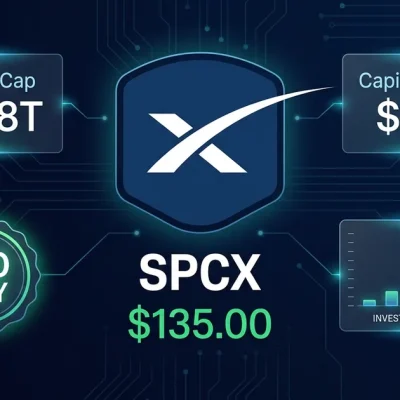 SpaceX logo with SPCX ticker at 35, .78 trillion market cap, and 5 billion capital raised data panels on dark navy dashboard