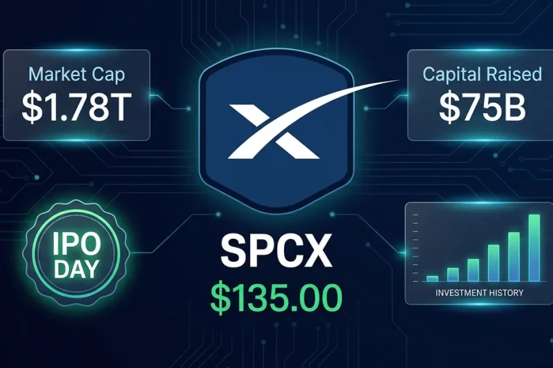 SpaceX logo with SPCX ticker at 35, .78 trillion market cap, and 5 billion capital raised data panels on dark navy dashboard