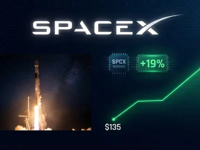 SpaceX wordmark over a night Falcon 9 launch beside a green stock chart rising from 135 dollars to 161 dollars with a plus 19 percent SPCX Nasdaq chip
