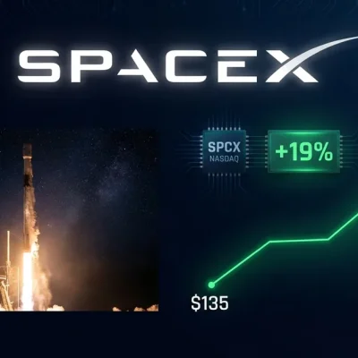SpaceX wordmark over a night Falcon 9 launch beside a green stock chart rising from 135 dollars to 161 dollars with a plus 19 percent SPCX Nasdaq chip