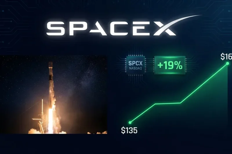 SpaceX wordmark over a night Falcon 9 launch beside a green stock chart rising from 135 dollars to 161 dollars with a plus 19 percent SPCX Nasdaq chip