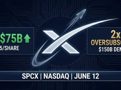SpaceX logo with IPO 75 billion dollar offering at 135 per share, 2x oversubscribed with 150 billion demand, SPCX Nasdaq June 12