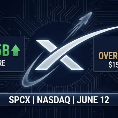 SpaceX logo with IPO 75 billion dollar offering at 135 per share, 2x oversubscribed with 150 billion demand, SPCX Nasdaq June 12