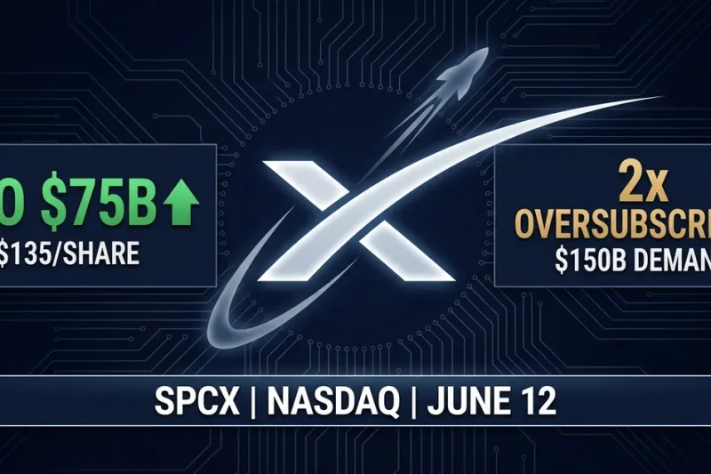 SpaceX logo with IPO 75 billion dollar offering at 135 per share, 2x oversubscribed with 150 billion demand, SPCX Nasdaq June 12