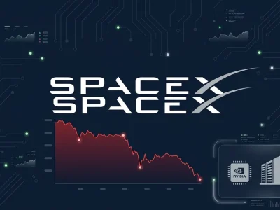 SpaceX logo with red declining stock chart and Nvidia chip and data center icons on dark navy dashboard background