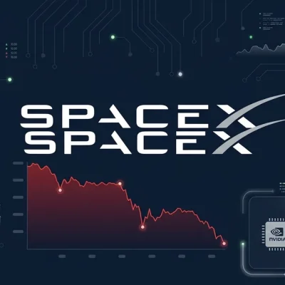 SpaceX logo with red declining stock chart and Nvidia chip and data center icons on dark navy dashboard background
