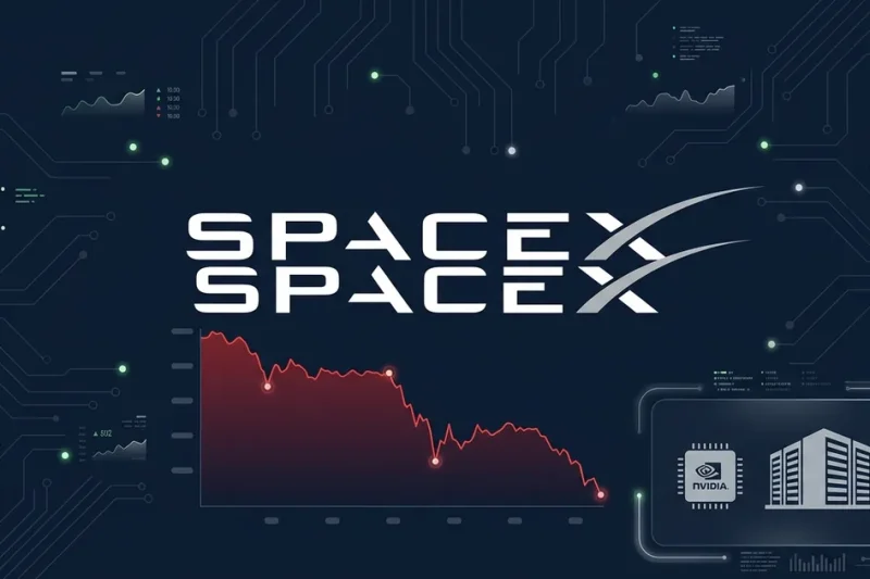 SpaceX logo with red declining stock chart and Nvidia chip and data center icons on dark navy dashboard background