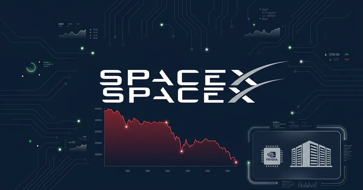 SpaceX logo with red declining stock chart and Nvidia chip and data center icons on dark navy dashboard background