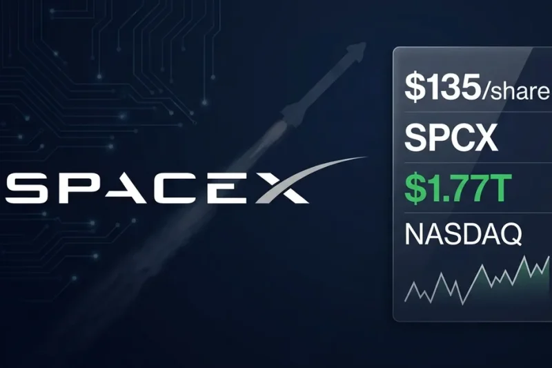 SpaceX IPO dashboard showing SPCX ticker at 135 dollars per share with 1.77 trillion Nasdaq valuation