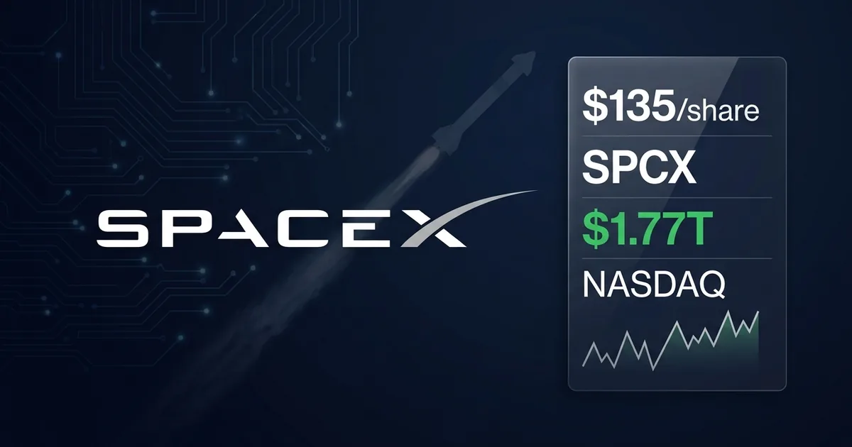 SpaceX IPO dashboard showing SPCX ticker at 135 dollars per share with 1.77 trillion Nasdaq valuation