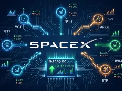 SpaceX logo centered on dark financial dashboard with Nasdaq-100 ticker chip and ETF fund icons showing capital flow connections