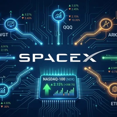 SpaceX logo centered on dark financial dashboard with Nasdaq-100 ticker chip and ETF fund icons showing capital flow connections