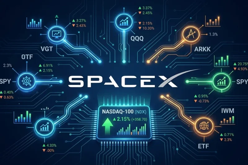 SpaceX logo centered on dark financial dashboard with Nasdaq-100 ticker chip and ETF fund icons showing capital flow connections
