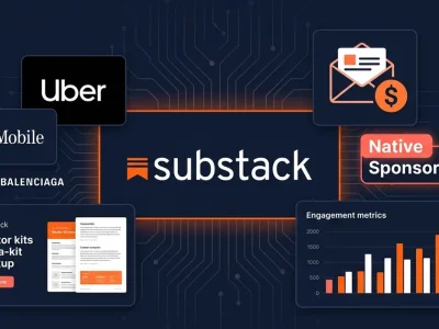 Substack logo with Uber T-Mobile and Balenciaga partner tiles, native sponsorships badge, and creator kits media kit mockup