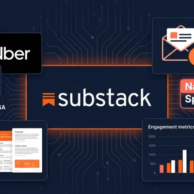 Substack logo with Uber T-Mobile and Balenciaga partner tiles, native sponsorships badge, and creator kits media kit mockup