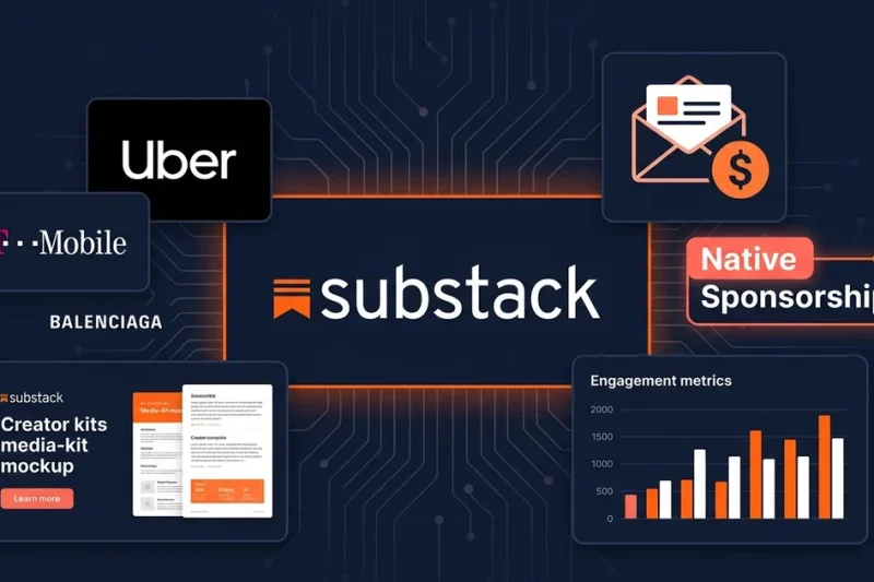 Substack logo with Uber T-Mobile and Balenciaga partner tiles, native sponsorships badge, and creator kits media kit mockup