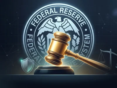 Golden gavel striking before the Federal Reserve System seal with scales of justice and shield symbolizing institutional independence